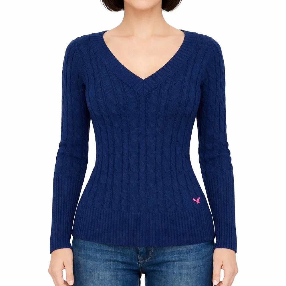Y2K American Eagle Navy Blue Cable Knit V-Neck Sweater Womens Medium Snatched - Picture 2 of 8